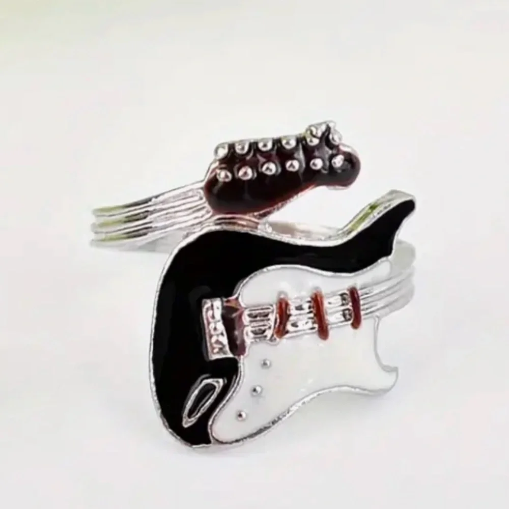 Rockin Guitar Ring Black and White Enamel Electric Guitar Ring Unisex Size 9